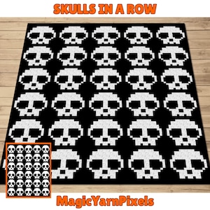 Skulls In A Row Afghan Pattern + Graph for C2C & Tapestry Crochet | C2C Crochet Skull Blanket | Spooky Crochet Halloween Blanket | Goth Gift
