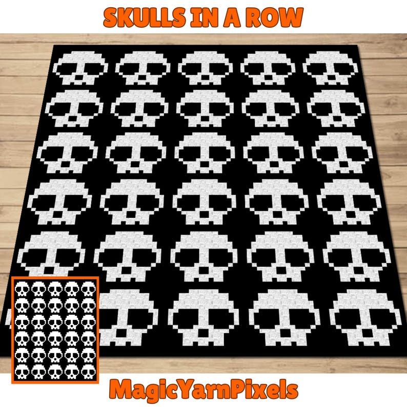 Skulls In A Row Afghan Pattern + Graph for C2C & Tapestry Crochet | C2C Crochet Skull Blanket | Spooky Crochet Halloween Blanket | Goth Gift