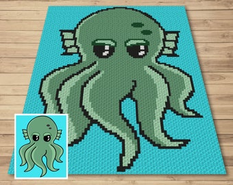 May include: A pixelated green octopus design on a light blue background. The octopus has large eyes and tentacles. A smaller image of the octopus is in the lower left corner. The design is likely for a blanket or other textile.