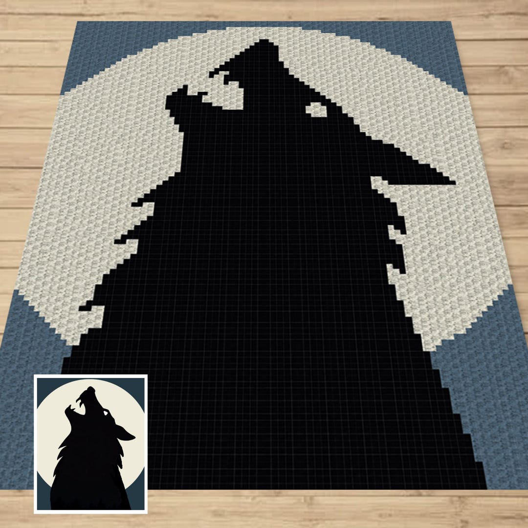 Wolf Howling at Moon Graph and Pattern C2C & Tapestry Crochet Wolf