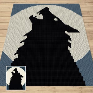 May include: A black silhouette of a wolf howling at the moon. The wolf is in the center of the image, and the moon is behind it. The background is a blue and white gradient.