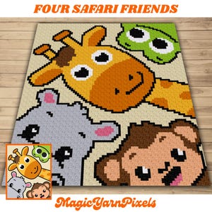 Safari animaux amis afghans graphique et motif C2C tapisserie au crochet - couverture pour bébé jungle motif grenouille hippopotame girafe singe, cadeaux pour bébé au crochet