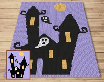 ハロウィンお化け屋敷 C2C かぎ針編みパターン – 不気味なブランケットグラフ (デジタルダウンロード)