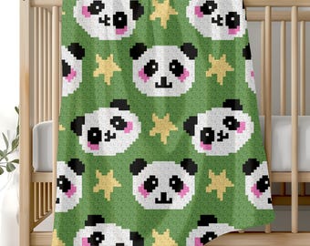 May include: A green baby blanket with a repeating pattern of pixelated panda faces and yellow stars. The pandas have black ears and eyes, pink cheeks, and a black nose. The blanket is draped over a wooden crib.