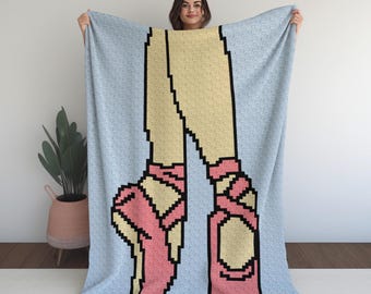 May include: A light blue blanket featuring a pixelated design of ballet dancer's legs and pink pointe shoes. The blanket has a repeating pattern of small, light blue shapes. The legs are beige with black outlines.