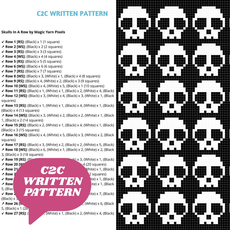 Skulls In A Row Afghan Pattern + Graph for C2C & Tapestry Crochet | C2C Crochet Skull Blanket | Spooky Crochet Halloween Blanket | Goth Gift