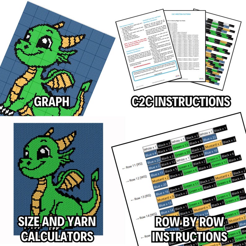 Cute Baby Dragon Graph + Written Pattern For C2C & Tapestry Crochet - C2C Dragon Graph - Crochet Dragon Blanket - Crochet Baby Dragon Afghan