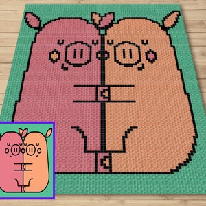 バレンタイン ファーム ピッグ ラブ グラフ & パターン C2C + タペストリー かぎ針編み ピッグ C2C グラフガン ピッグ かぎ針編み ブランケット ファーム アニマル パターン ブランケット ギフト ベビー