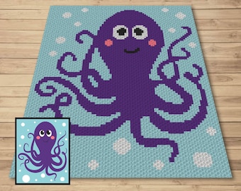 May include: A purple octopus design on a light blue background with white bubbles. The octopus has a smiling face and pink cheeks. The design is likely for a blanket or wall hanging.
