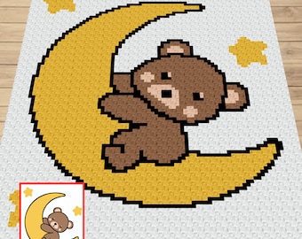 May include: A brown teddy bear sitting on a yellow crescent moon with two yellow stars on a white background.