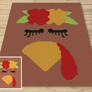 Puede incluir: Un patrón de crochet para un pavo de Acción de Gracias con una corona de flores, pestañas y una papada roja. El patrón se trabaja en hilo marrón, rojo, amarillo y verde.