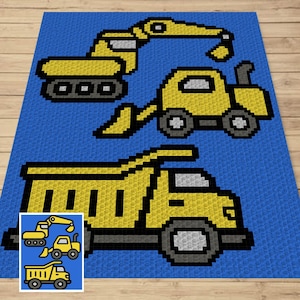 Matériel de construction Véhicules Graphique et modèle d'écriture Tapisserie C2C au crochet | Couverture pour camion de construction C2C, Couverture pour voitures de construction C2C