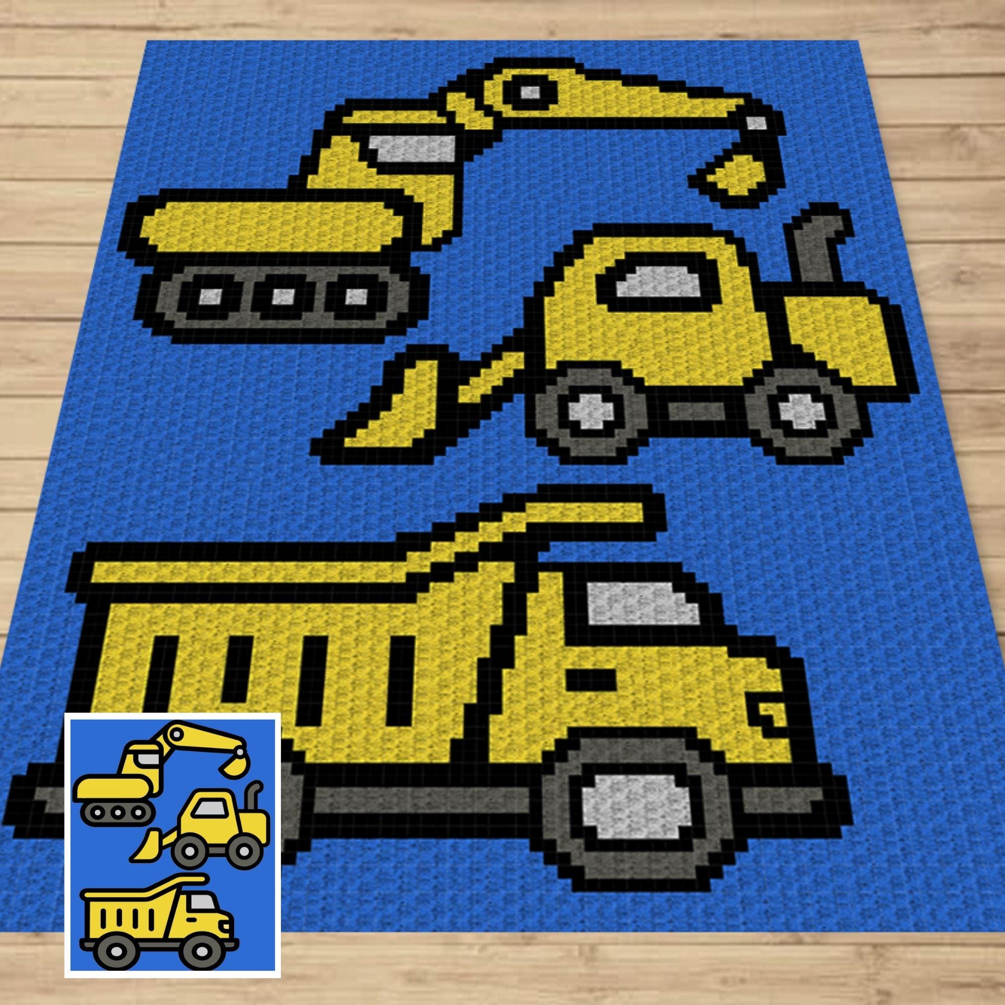 Equipamentos de construção Veículos Gráficos e Padrão escrito Tapeçaria C2C Crochê | Cobertor de caminhão de construção C2C, Cobertor de carros de construção C2C
