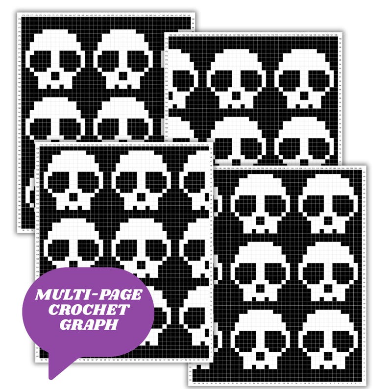 Skulls In A Row Afghan Pattern + Graph for C2C & Tapestry Crochet | C2C Crochet Skull Blanket | Spooky Crochet Halloween Blanket | Goth Gift