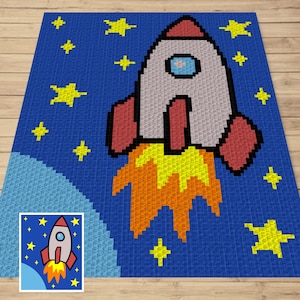 Coperta a razzo spaziale con grafico e schema C2C all&#39;uncinetto - Coperta a razzo spaziale Graphgan regalo per neonati maschi Coperta all&#39;uncinetto C2C - Regali per baby shower