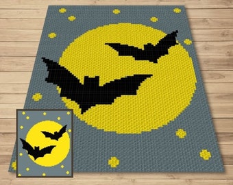 Halloween Fledermäuse im Vollmond Graph + geschrieben Muster für C2C & Tapisserie - Halloween C2C Häkelanleitung - Fledermaus C2C Decke - Halloween-Decke