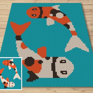 May include: Two orange, black, and white koi fish swimming in a circle against a turquoise blue background. The fish are stylized and pixelated, resembling a crochet pattern.