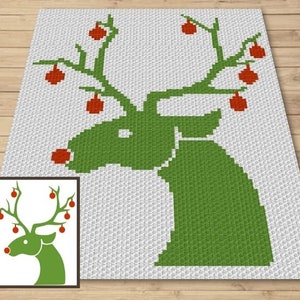 May include: A green reindeer with red ornaments on its antlers. The reindeer is facing to the right and has a red nose. The background is white.