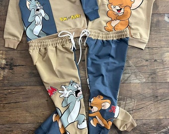 Conjunto de Tom y Jerry / Conjunto de sudadera para niños / Conjunto de sudadera con capucha gruesa / conjunto de jogger / ropa de invierno / ropa de otoño / ropa de invierno para niños.