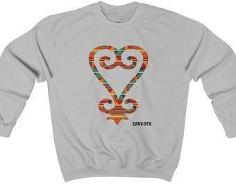 May include: A gray sweatshirt with a colorful Sankofa symbol printed on the front. The symbol is a heart shape with a bird inside. The word "Sankofa" is printed below the symbol.