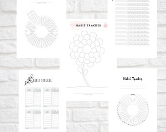 May include: Set of five printable habit tracker pages with different designs. The designs include a circle with lines radiating out, a flower, a grid, and a circle with concentric circles.