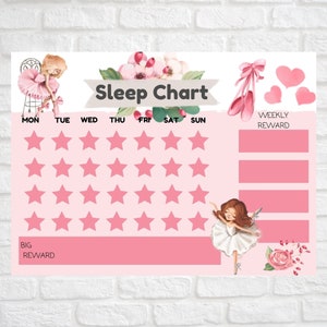 May include: Pink and white sleep chart with a ballerina theme. The chart has a space for each day of the week and stars to mark good behavior. It also has a section for weekly and big rewards.