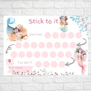 Puede incluir: Un gráfico imprimible rosa y blanco con un tema de sirena. El gráfico tiene una cuadrícula de círculos rosas con una flecha gris apuntando hacia la derecha. El texto "Stick to it" está en la parte superior del gráfico. El texto "Start here" está al lado del primer círculo. El texto "You did it!" está debajo de la cuadrícula de círculos. El texto "Your reward" está debajo del texto "You did it!" Hay dos ilustraciones de sirenas en el gráfico.
