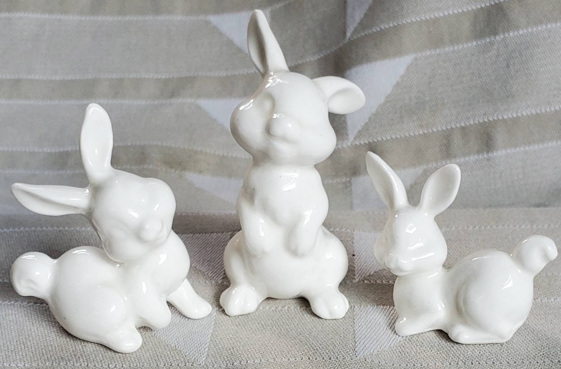 Set of 3 adorable white ceramic rabbits. Etsy