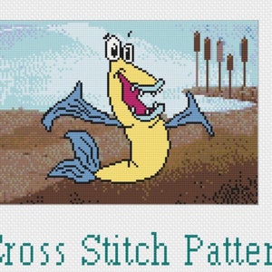 May include: Cross stitch pattern featuring a yellow fish with blue fins and a wide open mouth. The fish is on a brown background with a blue and white sky in the background.