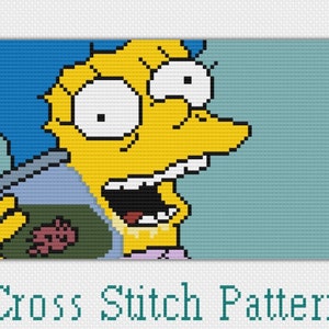 May include: A cross stitch pattern of a yellow cartoon character with blue hair, wide eyes, and an open mouth. The character is holding a jar with a pink object inside.