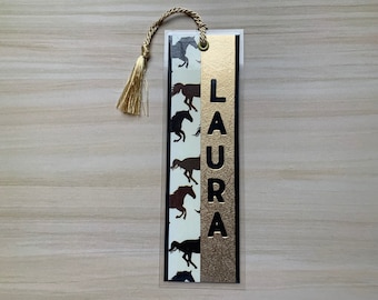 Custom name bookmark, Personalized Horse bookmark for teenage girl, Horseback riding birthday gift, Laminated paper bookmark with tassel