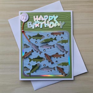 Carte d'anniversaire de pêche pour les enfants, carte d'anniversaire de tout âge pour garçon, carte d'âge personnalisée pour fille, carte d'âge personnalisée avec poisson, 9, 10, 11