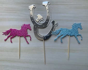 Horse cake topper birthday, Horseshoe cupcake topper set, Silver cake decorations, Western party props, Happy birthday sparkly cake topper