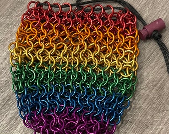 Rainbow Chainmail Dice Bag: Anodized Aluminum, Holds 40 Dice / LGBTQ+ Pride dicebag