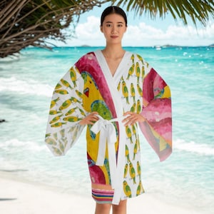 Gelber Sittich Illustration Langarm Kimono Robe | Vogel-Muster, AOP