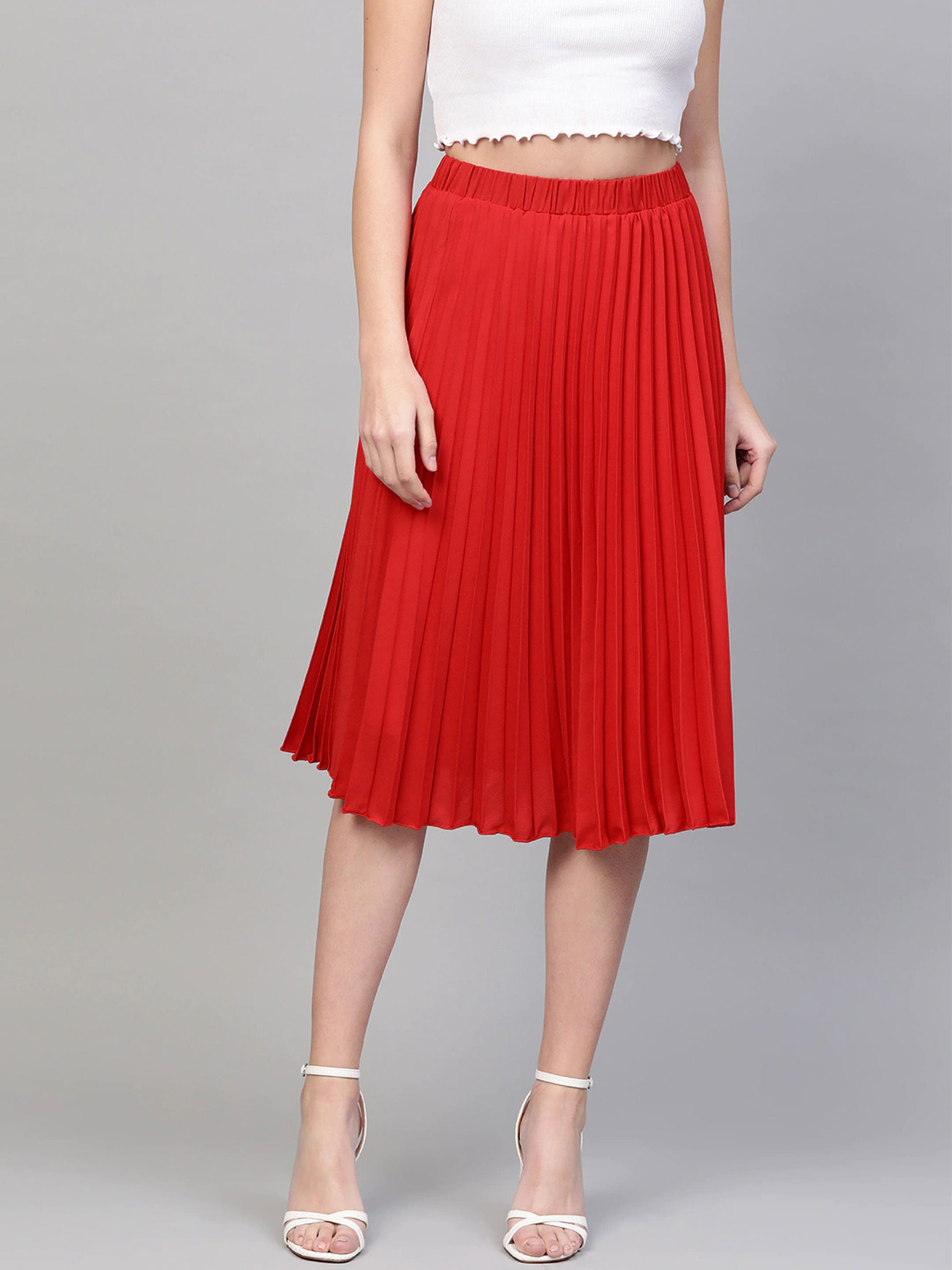 Red Solid Pleated Skirt Flared Skirt A Line Skirt Bohemia Etsy