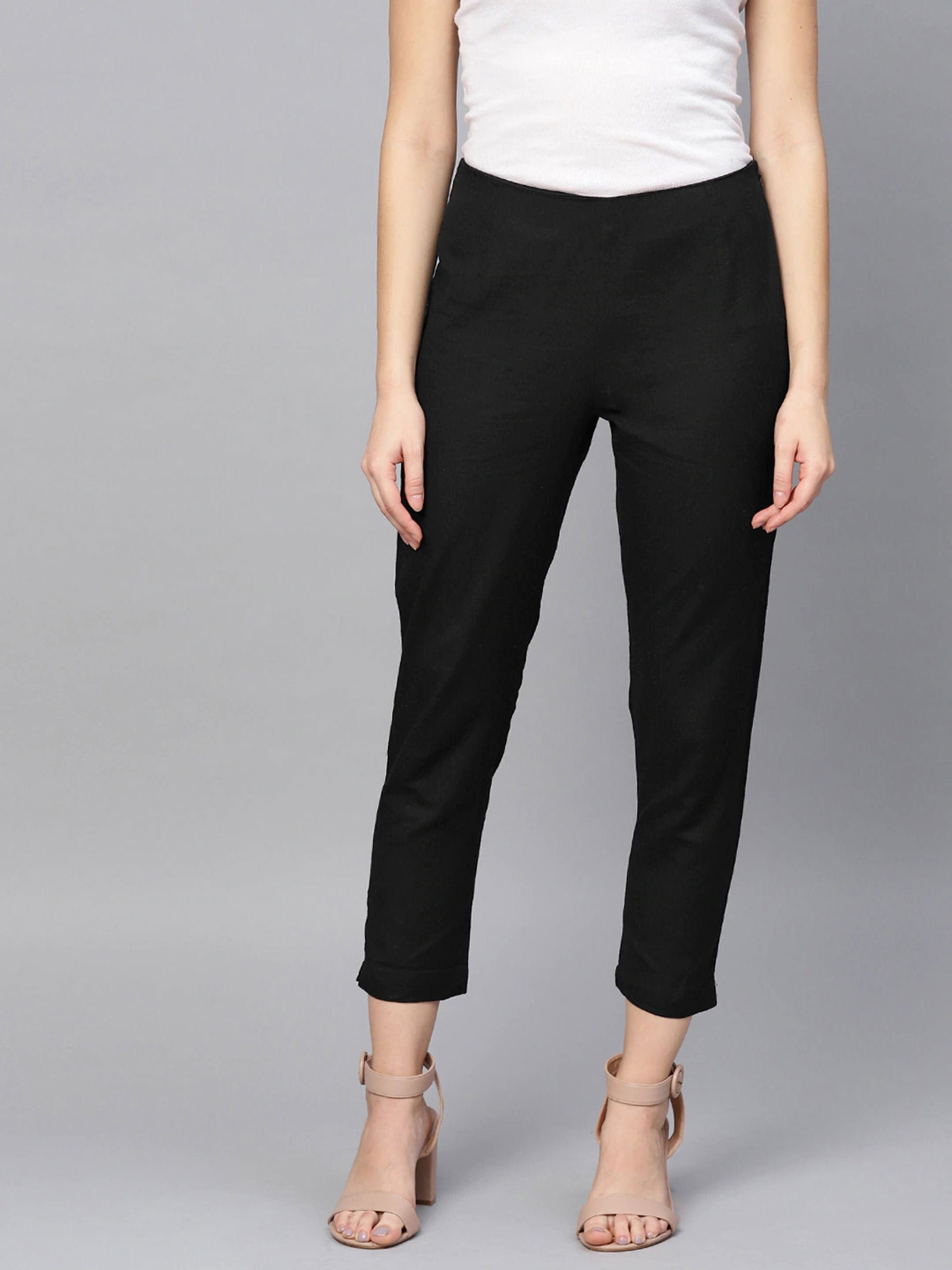 Black Solid Regular Cropped Trousers Yoga Pants Leggings Etsy