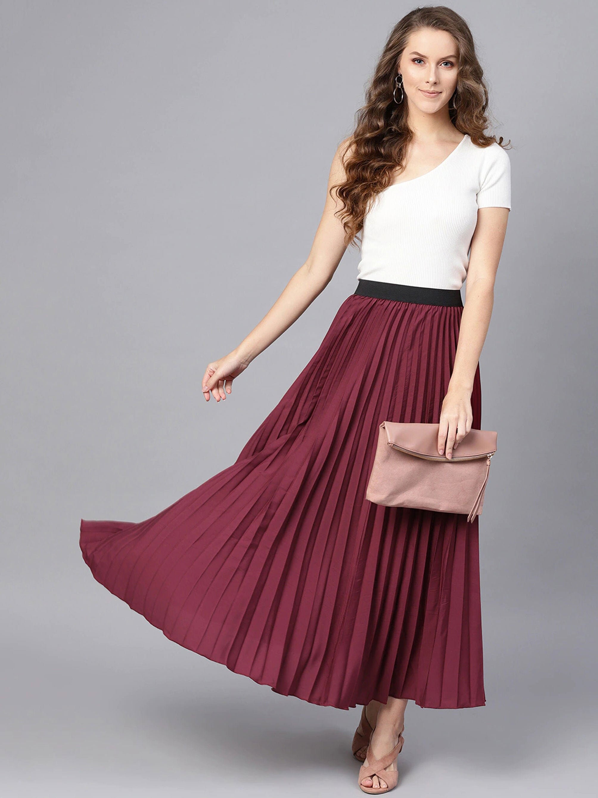Burgundy Skirt Maxi Flared Skirt Pleated Skirt Plus Size Etsy