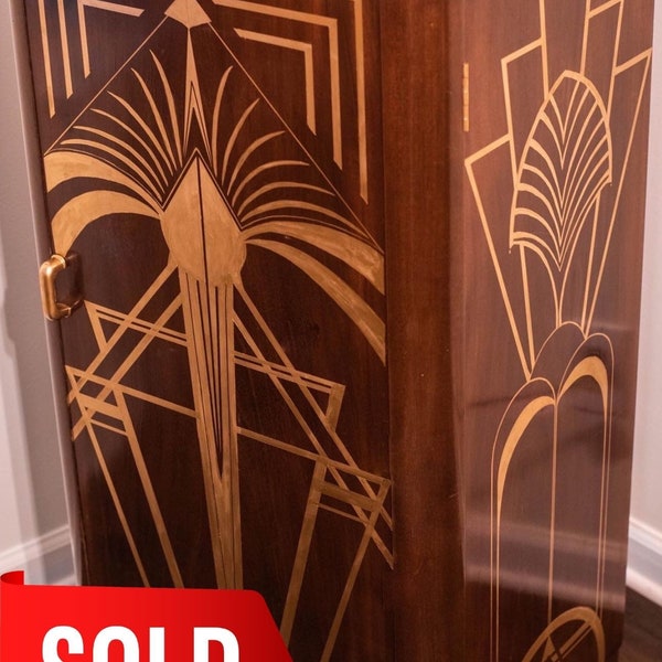 SOLD** Hand Painted Art Deco Bar Cabinet