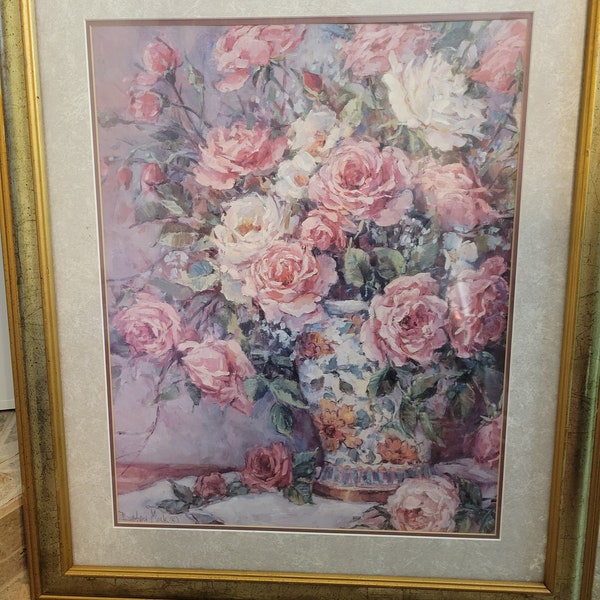 Vintage Barbara Mock Framed Print Pink and White Roses