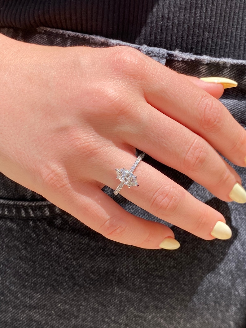 Lab grown diamond marquise cut, diamond engagement ring, 14K white gold,1.59 carat center stone, hidden halo style, IGI certificate ,CVD image 8