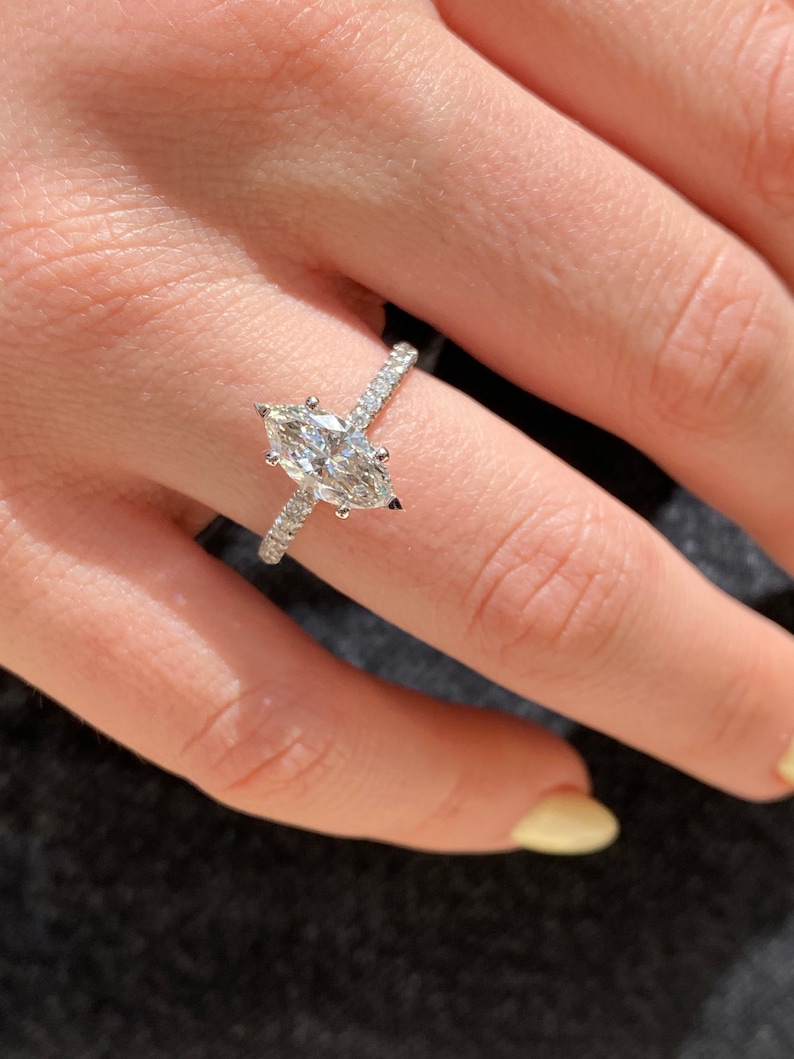 Lab grown diamond marquise cut, diamond engagement ring, 14K white gold,1.59 carat center stone, hidden halo style, IGI certificate ,CVD image 7