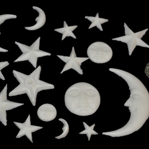 16 x Handmade edible 3D, Moons and stars, cake, cupcake toppers decorations, 30+ colours