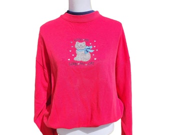 Vintage Duża Czerwona Bluza Kochaj Mnie Kochaj Mojego Kota
