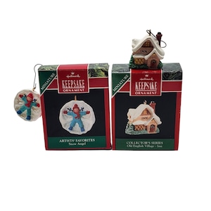 Vintage Hallmark Keepsake Miniature Ornaments, Snow Angel And Old English Village Inn