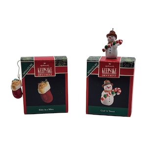 Vintage Hallmark Keepsake Miniature Ornaments, Kitty In A Mitty And Cool n Sweet Snowman
