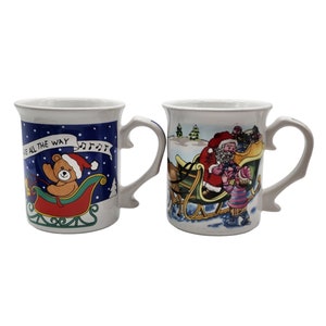 Vintage Santa And Bear Sleigh Christmas Mugs