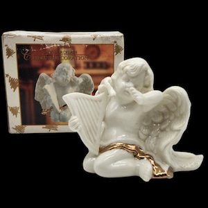 Vintage Jade Porcelain Cherub with Harp and Gold Sash Figurine