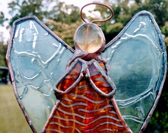 Vintage Angel Suncatcher, Amber Glass, Decorative Glass Angel, Home Decor Angel, Glass Art