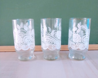 Vintage Clear Glass Tumblers White Rose Design/ Set of 3